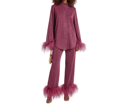 Ensemble Deux Pièces pour Femmes avec Chemise Boutonnée et Pantalon à Plumes