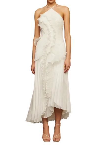 Robe maxi pour femmes à col licou avec plis et volants
