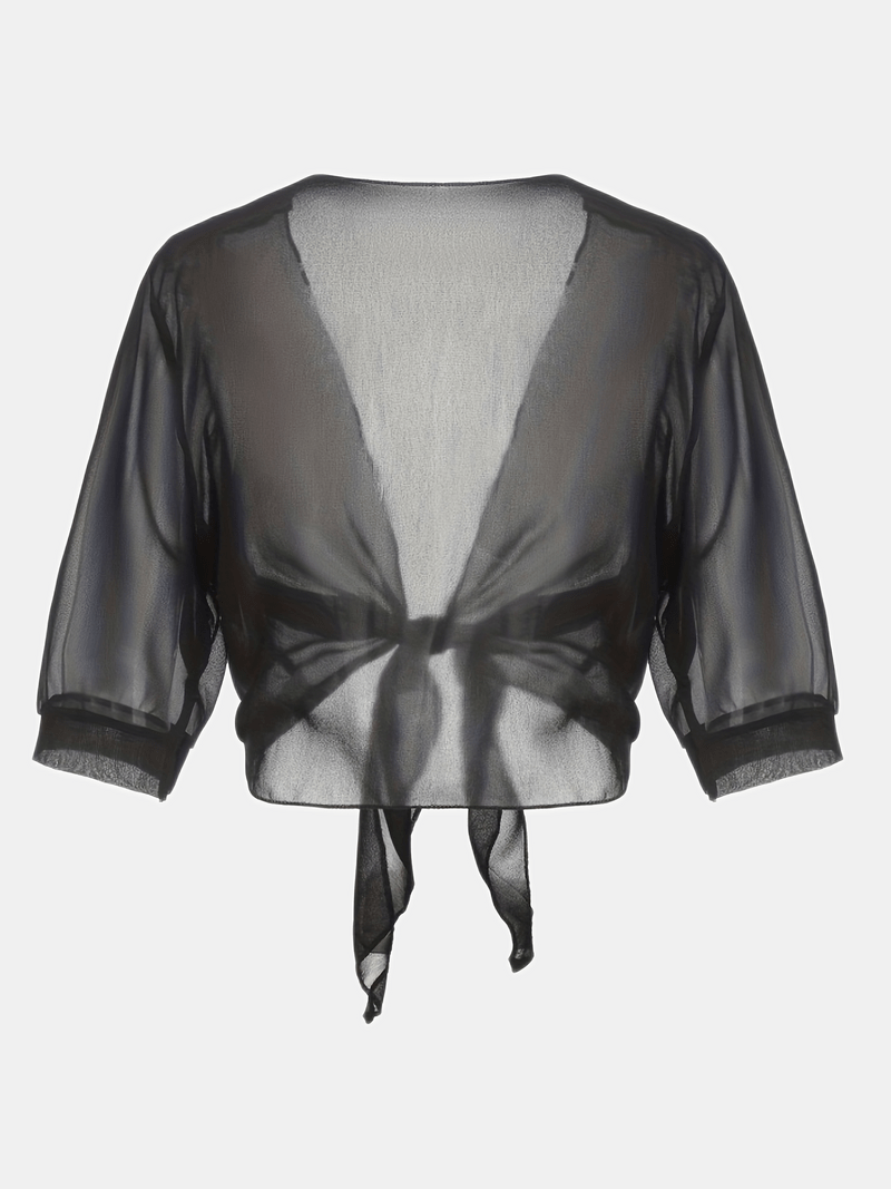Blouse courte transparente à nouer sur le devant avec manches courtes pour femme