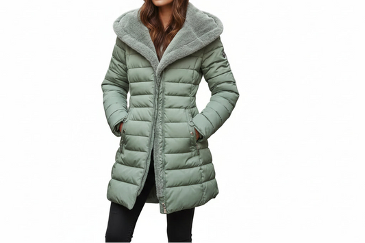 Manteau Long Matelassé Femme avec Capuche et Fermeture Zippée