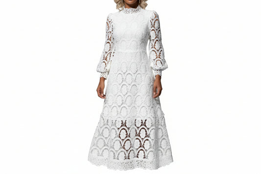 Robe midi femme en dentelle à manches longues avec col montant