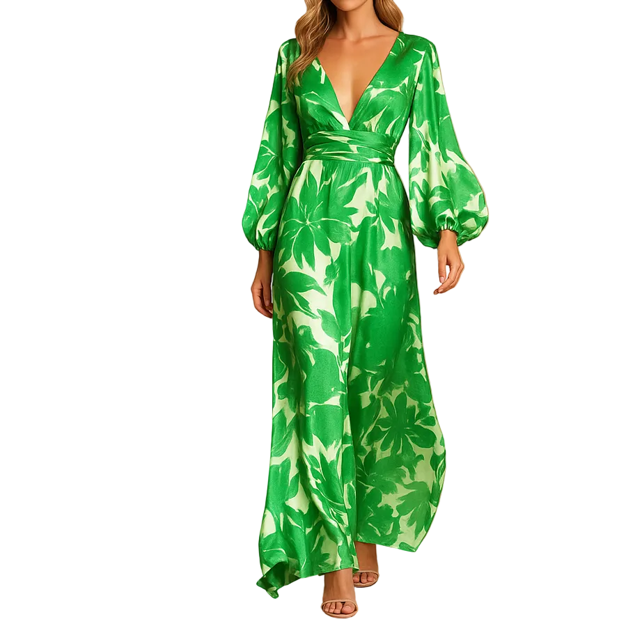 Robe femme longue manches longues avec encolure en V et taille froncée
