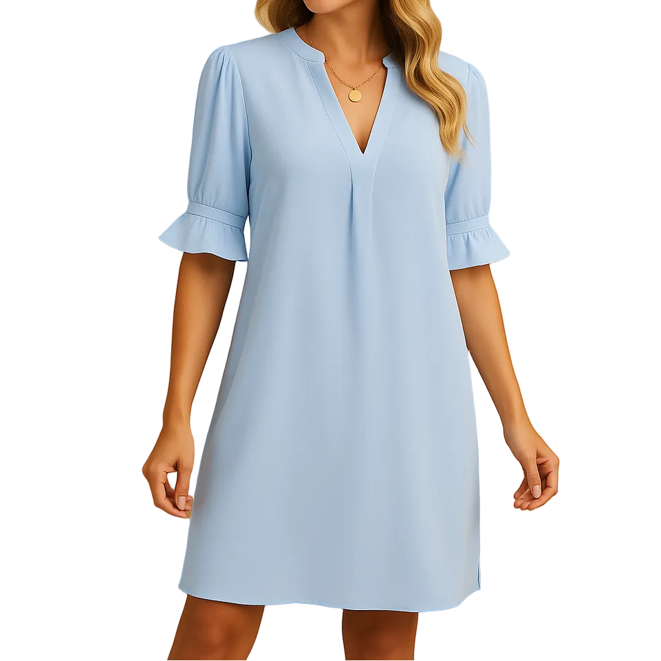 Robe femme manches courtes avec encolure en V et poignets à volants