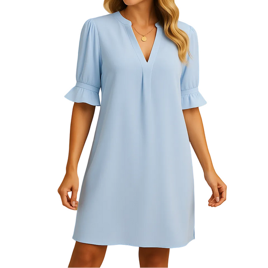Robe femme manches courtes avec encolure en V et poignets à volants