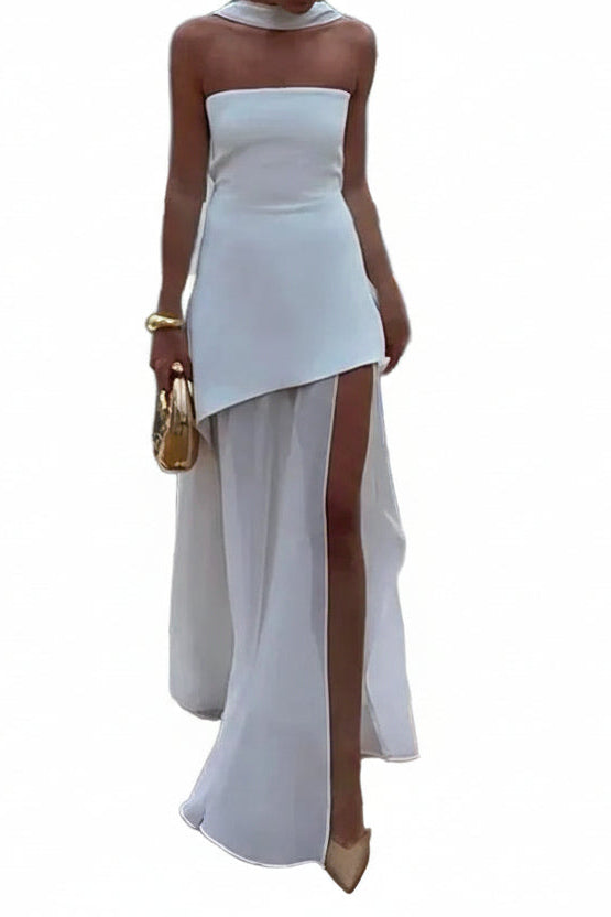 Robe longue femme sans bretelles avec panneau foulard au cou et jupe fendue