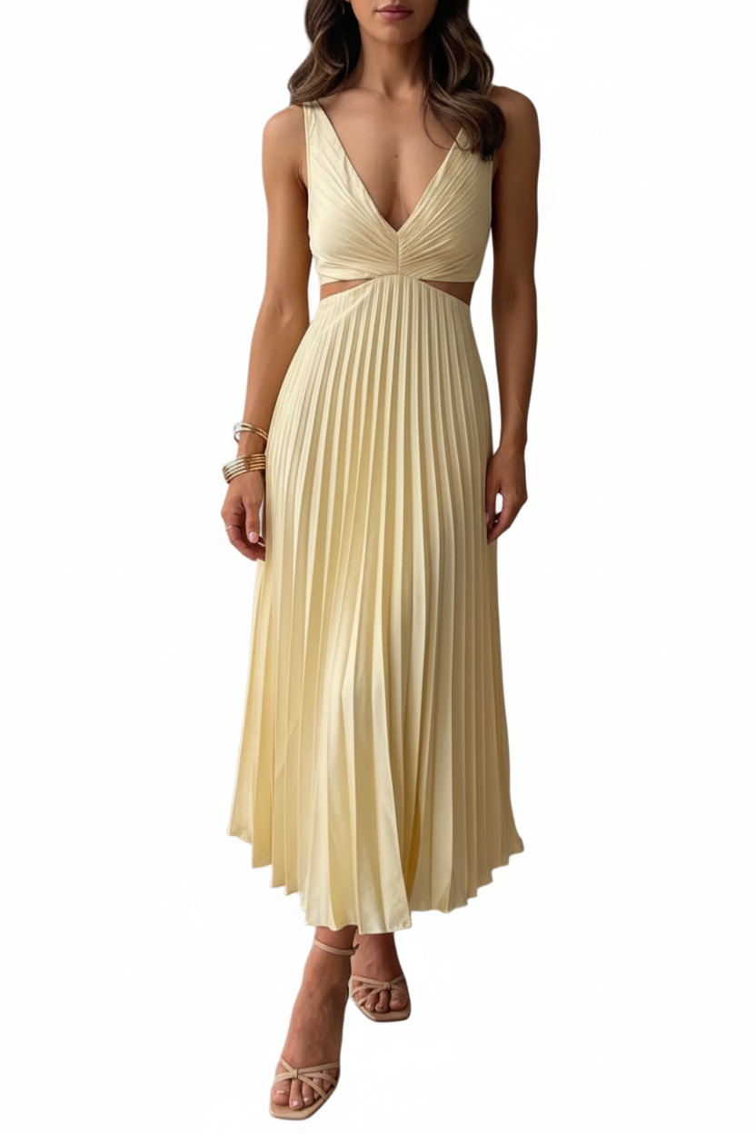 Robe midi femme sans manches avec encolure en V et découpes à la taille