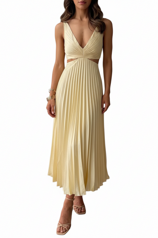 Robe midi femme sans manches avec encolure en V et découpes à la taille