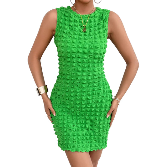 Robe mini femme sans manches avec motif quadrillé texturé et col rond