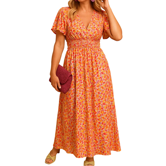 Robe femme manches courtes avec encolure en V et imprimé floral avec taille smockée