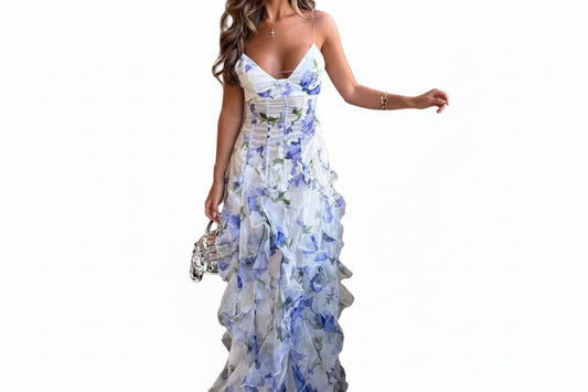 Robe longue femme à fines bretelles avec motif floral et jupe à volants