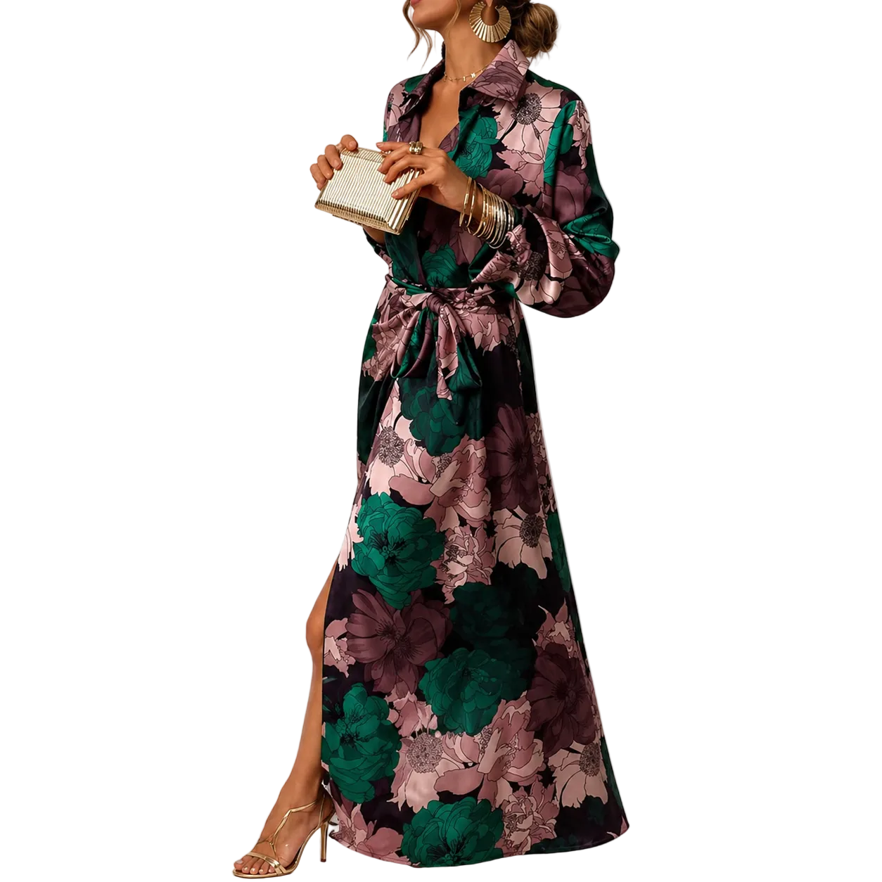 Femme Robe longue à motif floral avec col et ceinture à nouer