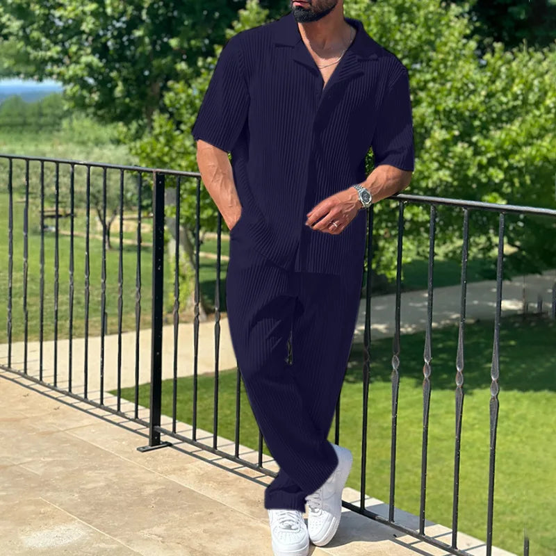 Ensemble Homme Chemise à Manches Courtes Côtelée et Pantalon