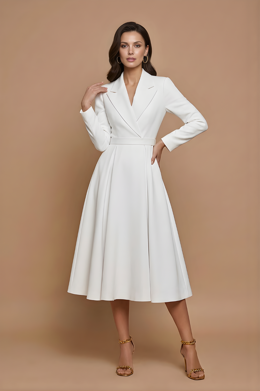 Robe Midi Femme à Manches Longues avec Devant Croisé et Ceinture
