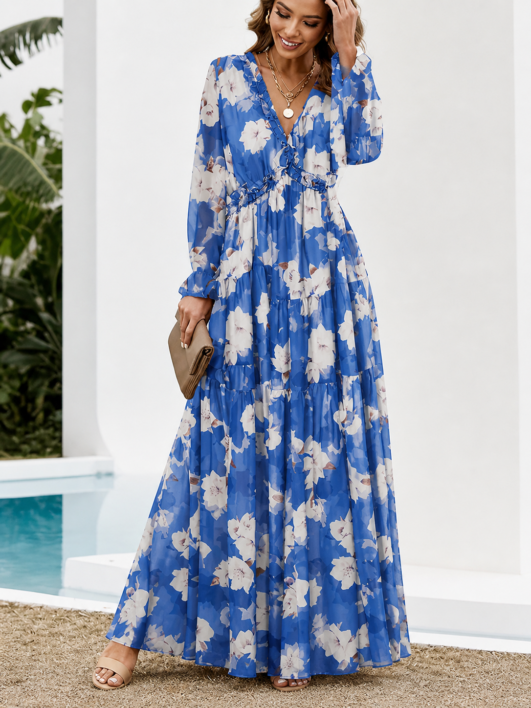 Robe longue femme à manches longues avec col en V et jupe à étages à motif floral