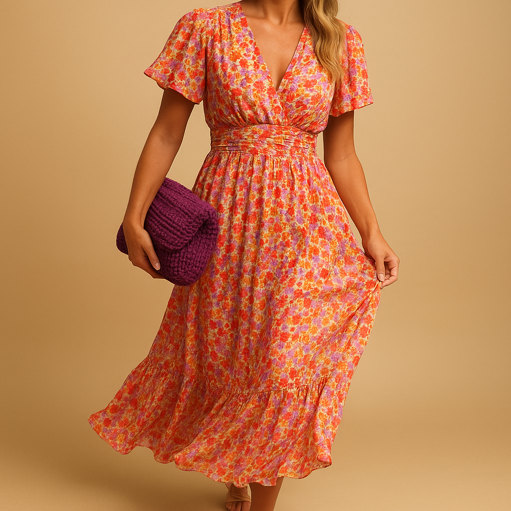 Robe femme manches courtes avec encolure en V et imprimé floral avec taille smockée