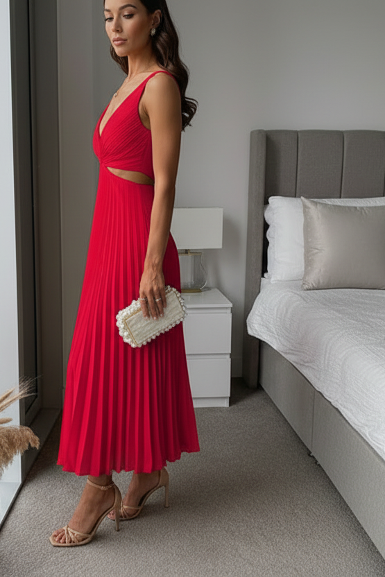 Robe midi femme sans manches avec encolure en V et découpes à la taille