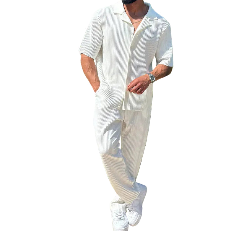 Ensemble Homme Chemise à Manches Courtes Côtelée et Pantalon