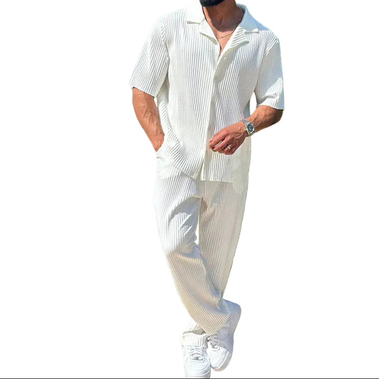 Ensemble Homme Chemise à Manches Courtes Côtelée et Pantalon