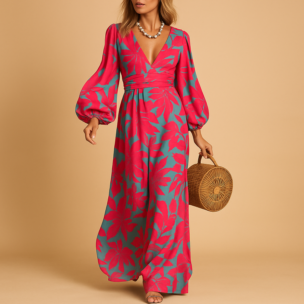 Robe femme longue manches longues avec encolure en V et taille froncée