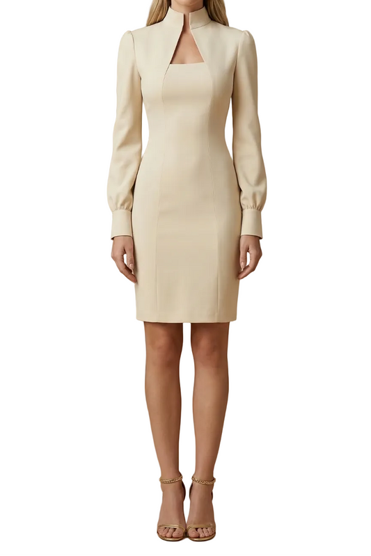 Robe Mini Femme à Manches Longues avec Col Montant et Découpe