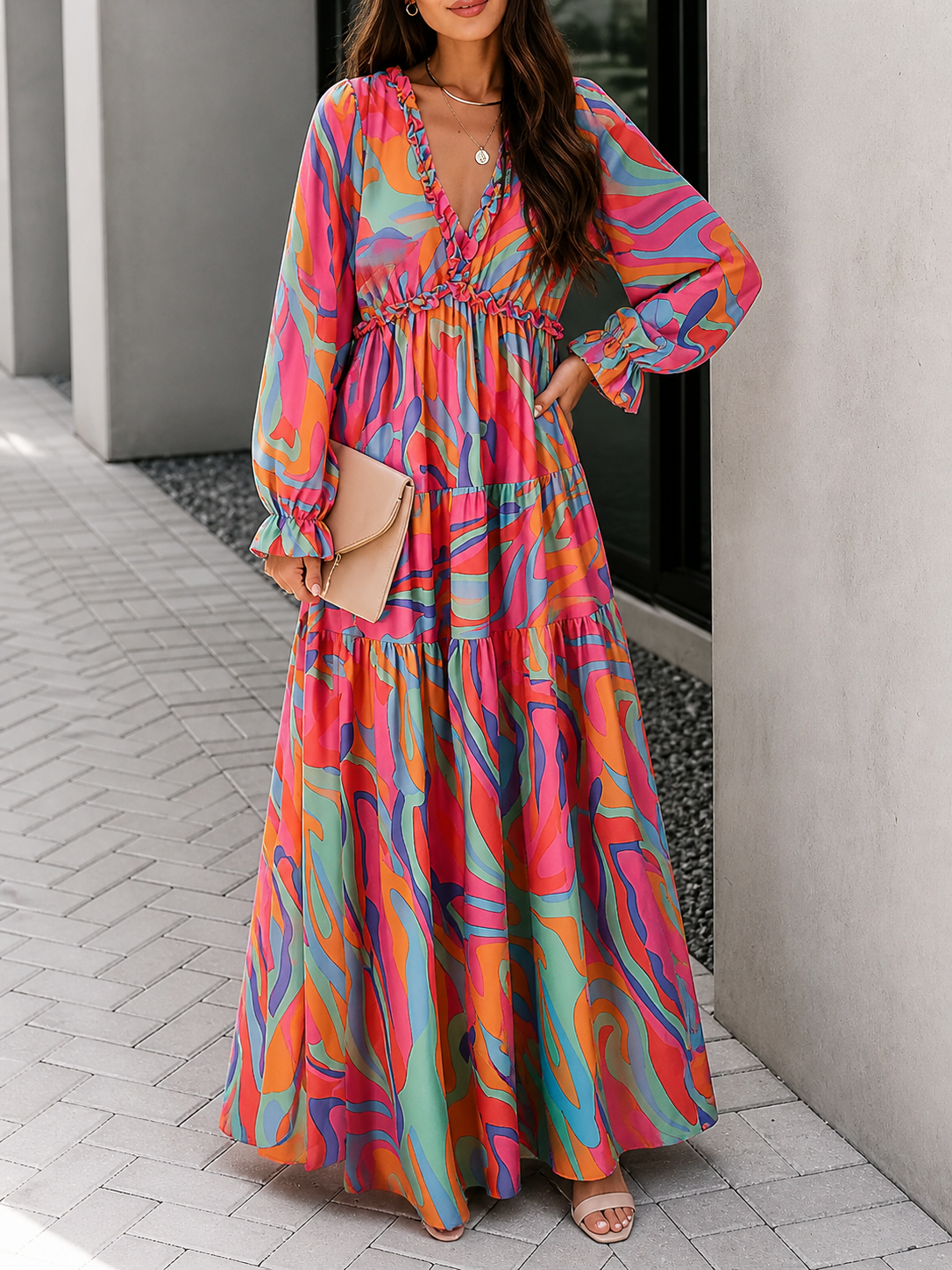 Robe longue femme à manches longues avec col en V et jupe à étages à motif floral