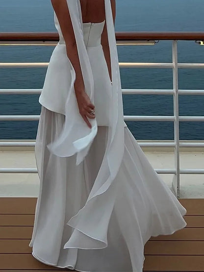 Robe longue femme sans bretelles avec panneau foulard au cou et jupe fendue