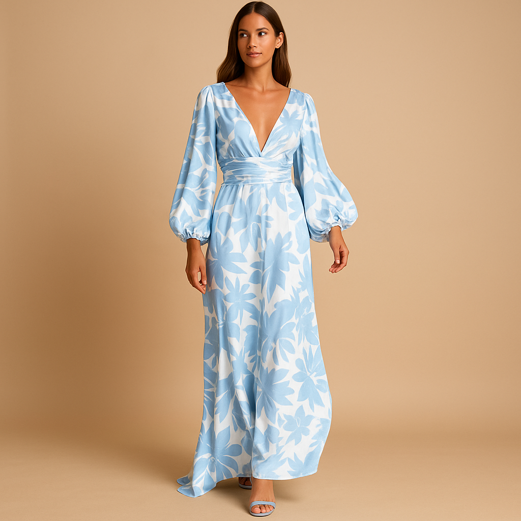 Robe femme longue manches longues avec encolure en V et taille froncée