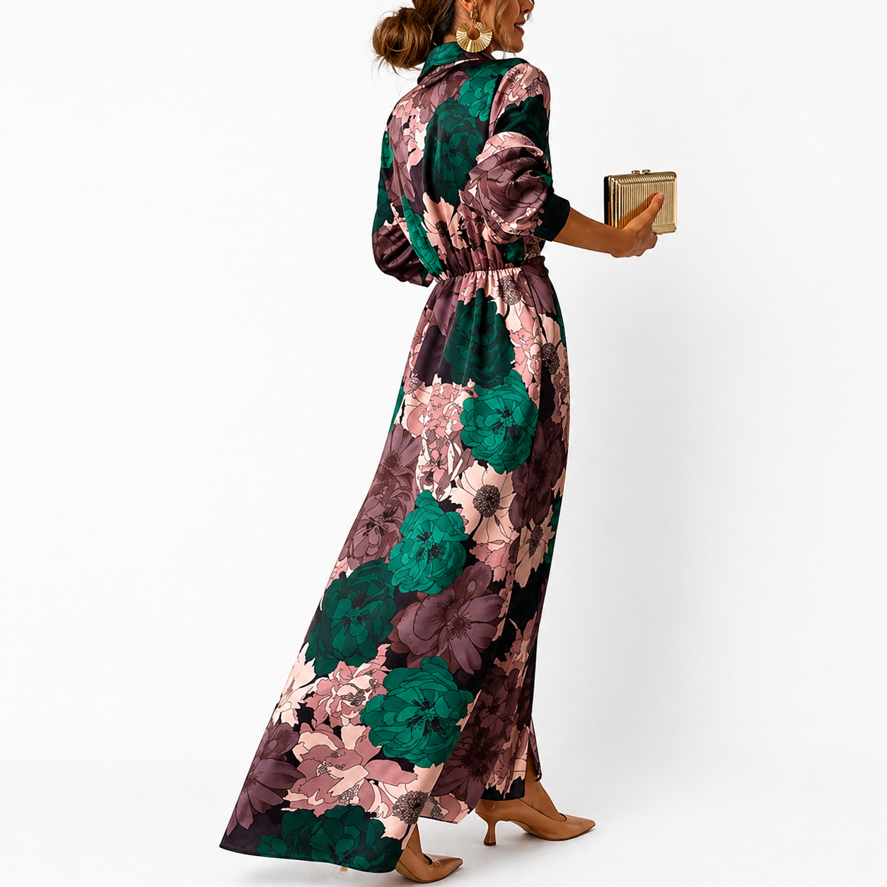 Femme Robe longue à motif floral avec col et ceinture à nouer
