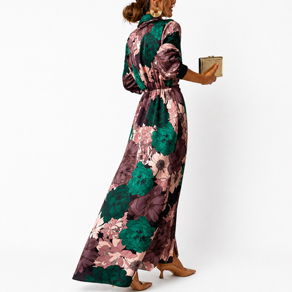 Femme Robe longue à motif floral avec col et ceinture à nouer