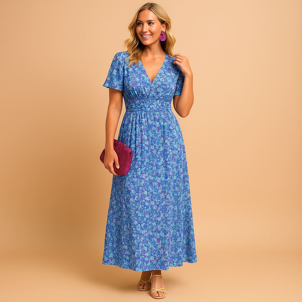Robe femme manches courtes avec encolure en V et imprimé floral avec taille smockée