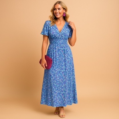 Robe femme manches courtes avec encolure en V et imprimé floral avec taille smockée
