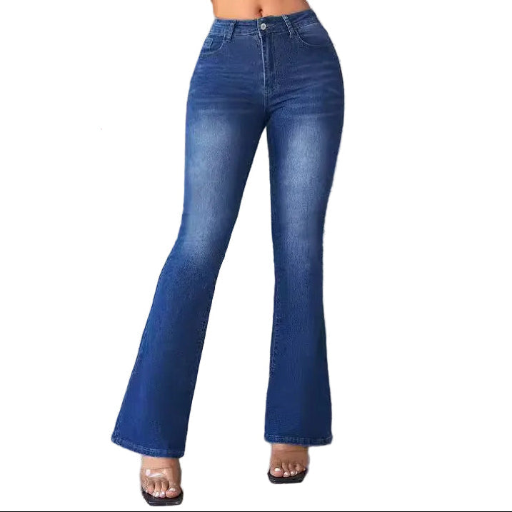 Pantalon en denim pour femme avec taille haute, jambe évasée et poches avant et arrière