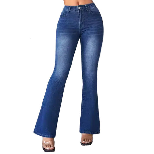 Pantalon en denim pour femme avec taille haute, jambe évasée et poches avant et arrière