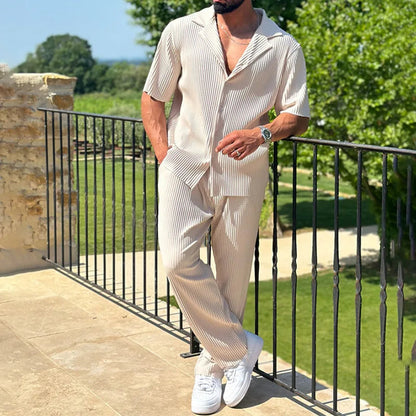 Ensemble Homme Chemise à Manches Courtes Côtelée et Pantalon