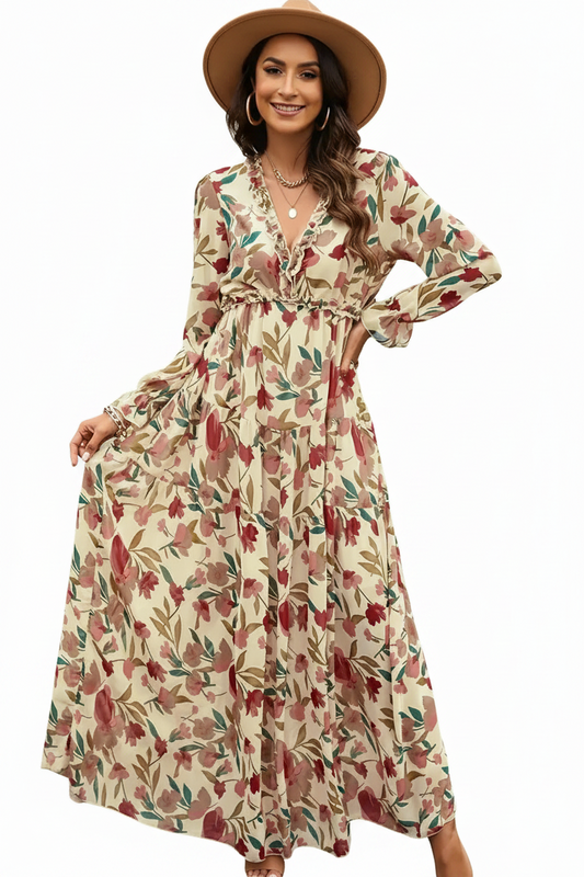 Robe longue femme à manches longues avec col en V et jupe à étages à motif floral