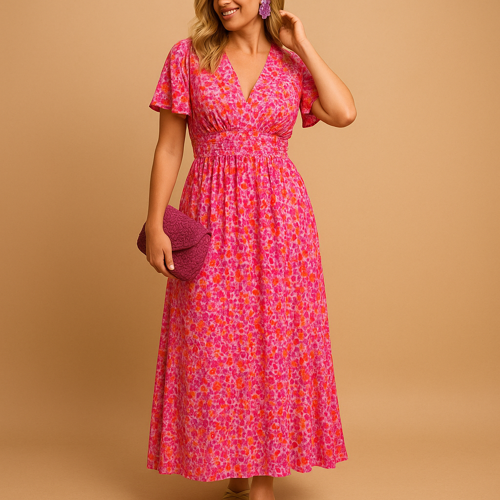 Robe femme manches courtes avec encolure en V et imprimé floral avec taille smockée