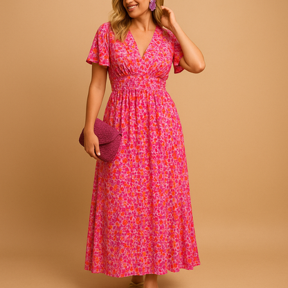 Robe femme manches courtes avec encolure en V et imprimé floral avec taille smockée
