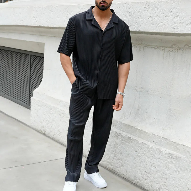 Ensemble Homme Chemise à Manches Courtes Côtelée et Pantalon