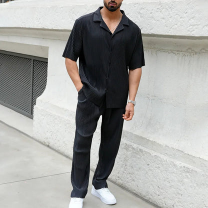 Ensemble Homme Chemise à Manches Courtes Côtelée et Pantalon