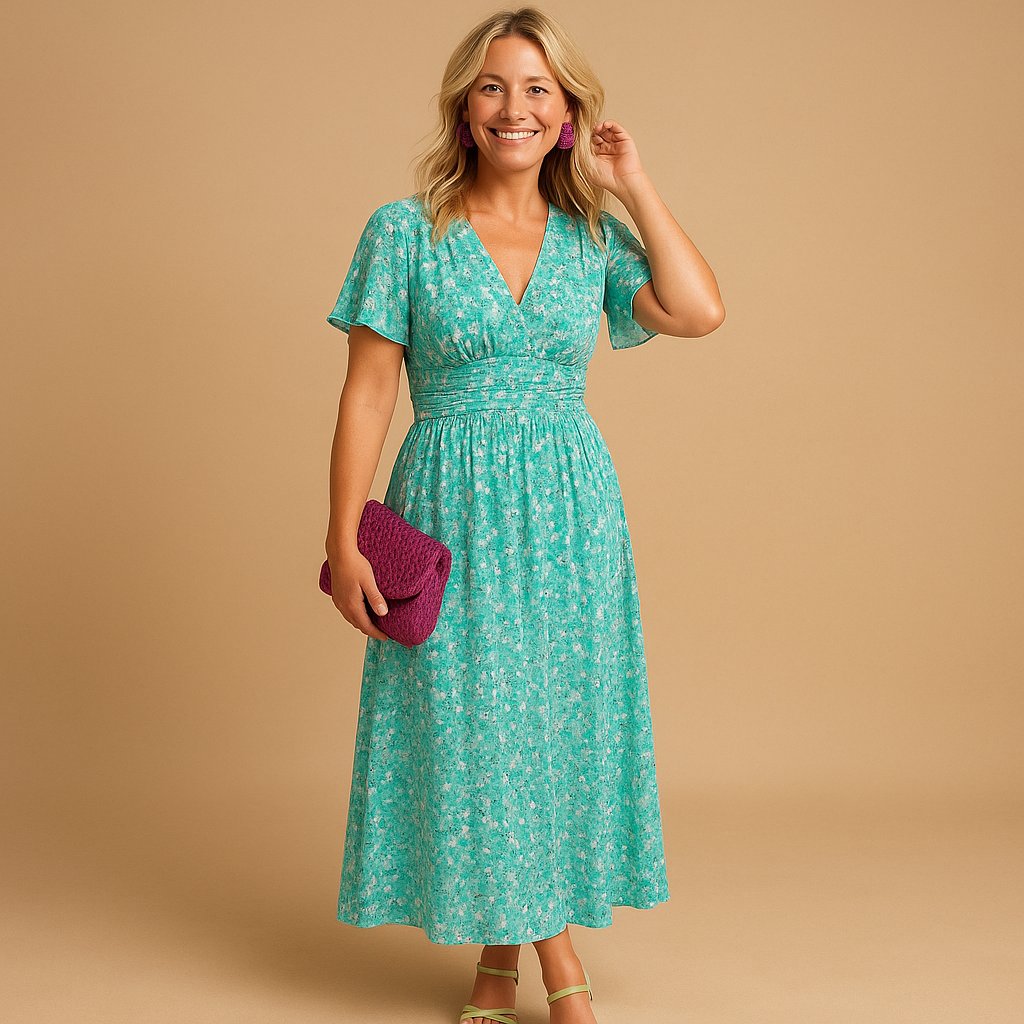 Robe femme manches courtes avec encolure en V et imprimé floral avec taille smockée