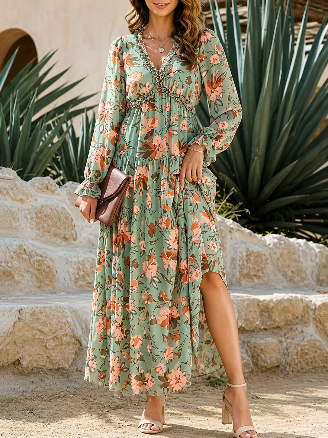 Robe longue femme à manches longues avec col en V et jupe à étages à motif floral