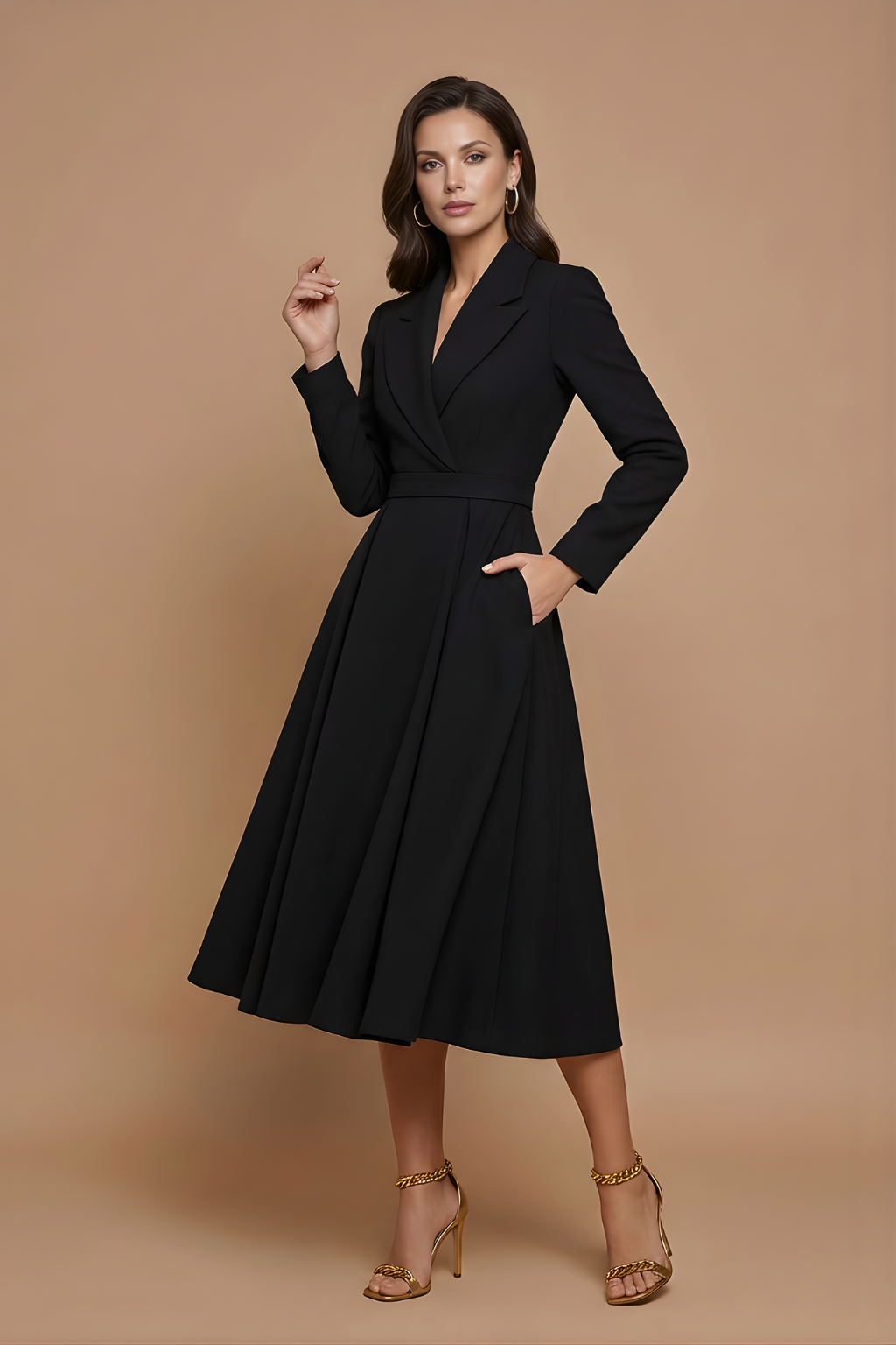Robe Midi Femme à Manches Longues avec Devant Croisé et Ceinture