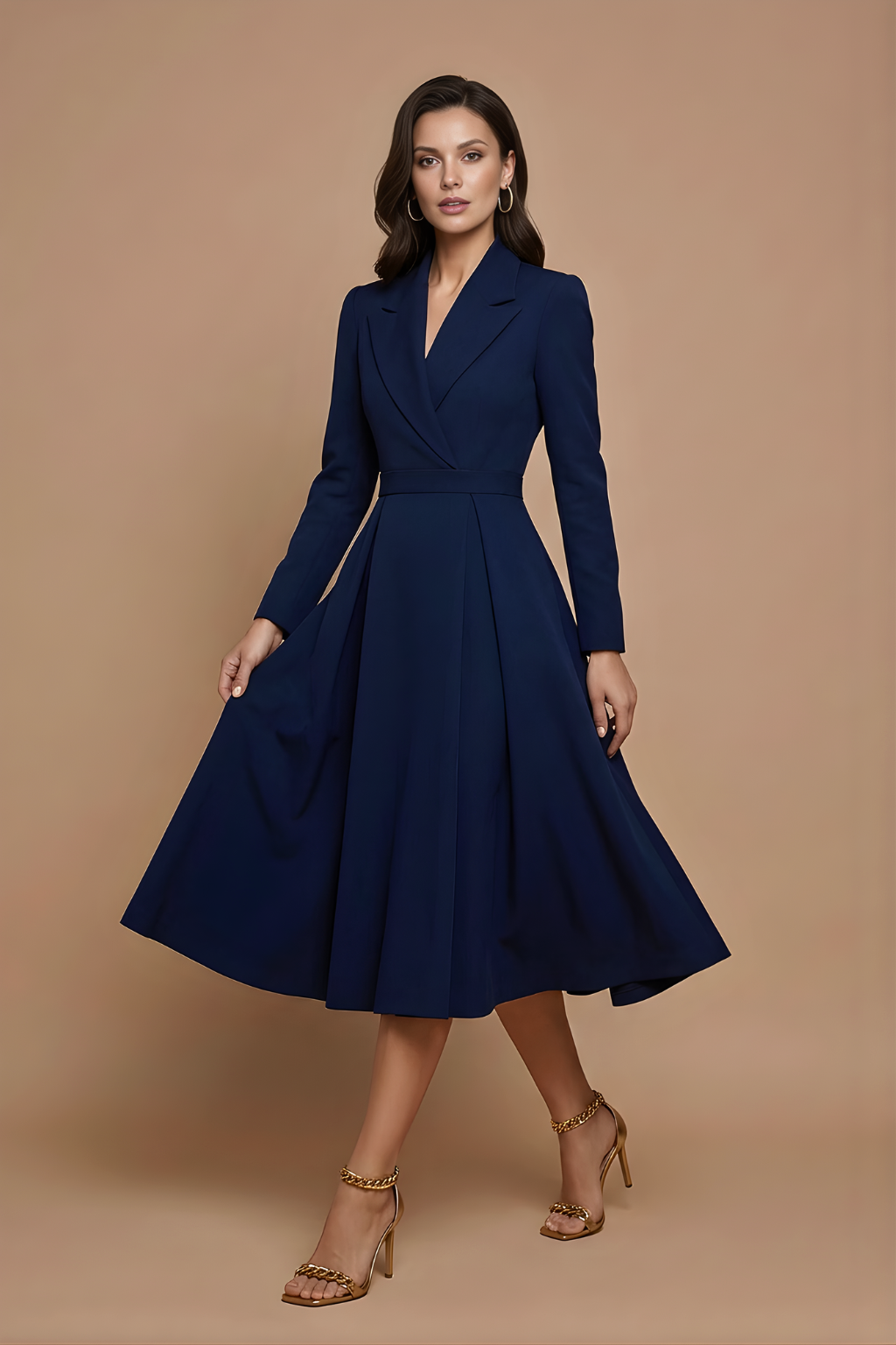 Robe Midi Femme à Manches Longues avec Devant Croisé et Ceinture
