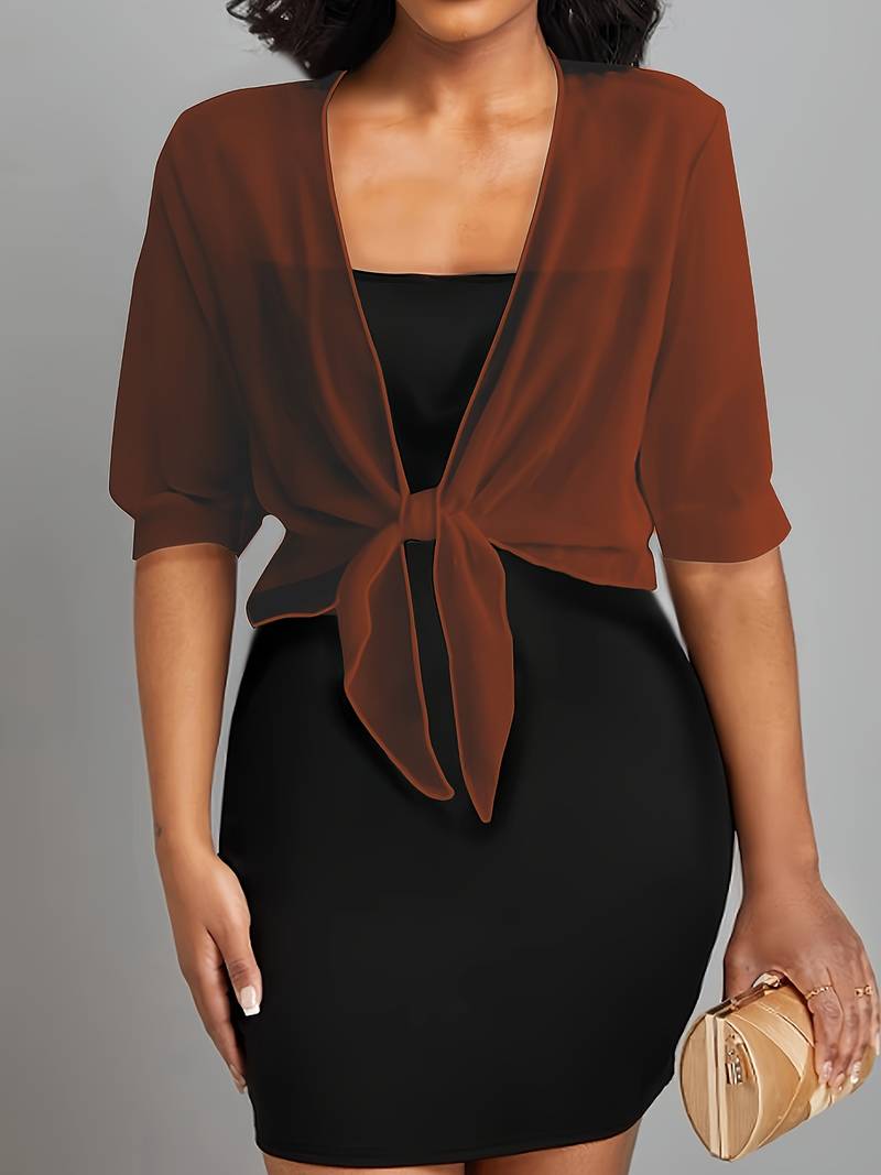 Blouse courte transparente à nouer sur le devant avec manches courtes pour femme
