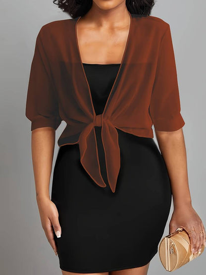 Blouse courte transparente à nouer sur le devant avec manches courtes pour femme