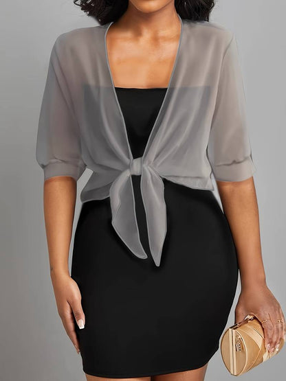 Blouse courte transparente à nouer sur le devant avec manches courtes pour femme