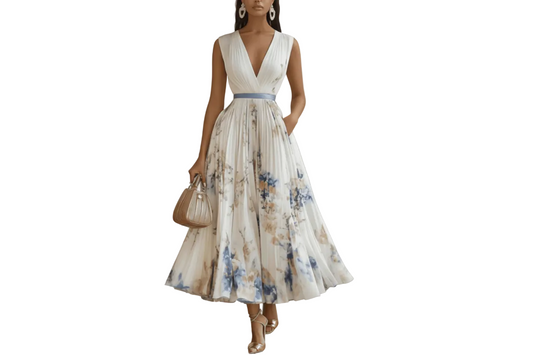 Robe pour femme avec décolleté en V et jupe plissée