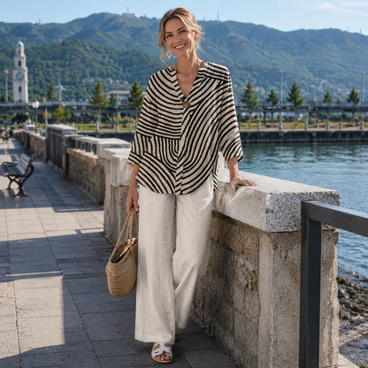 Ensemble chemisier rayé et pantalon large pour femme 1