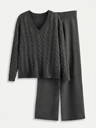 Ensemble pull à col en V en maille torsadée et pantalon large pour femme 2