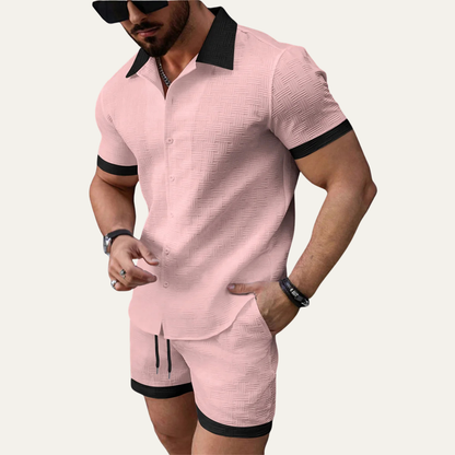 Ensemble deux pièces homme avec chemise à manches courtes à boutons et short avec taille élastique et cordon-Sets for Men-Gigié